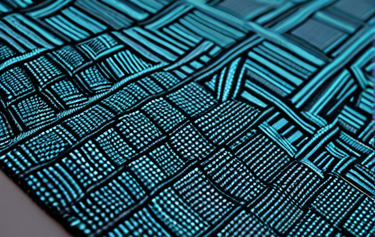 **Close-up of a modern, high-tech fabric swatch showcasing smart textile technology. The fabric should appear to subtly change color or texture. Focus on the intricate weave and technological elements embedded within.**