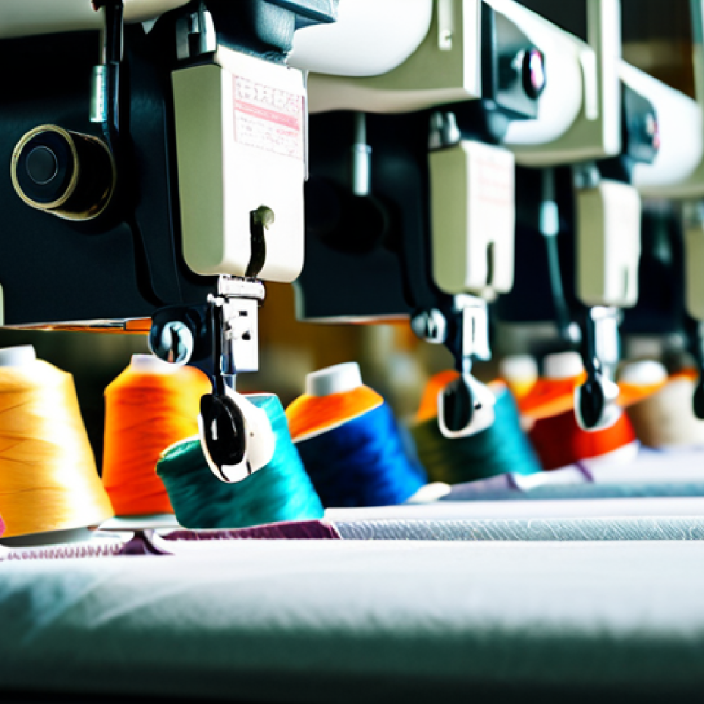 **

A highly detailed close-up shot of skilled hands expertly operating a complex industrial sewing machine in a brightly lit textile factory. Various colorful spools of thread are visible, and the focus is on precision and accuracy in the stitching. The overall impression is one of professional textile craftsmanship.

**