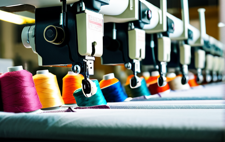 **
A highly detailed close-up shot of skilled hands expertly operating a complex industrial sewing machine in a brightly lit textile factory. Various colorful spools of thread are visible, and the focus is on precision and accuracy in the stitching. The overall impression is one of professional textile craftsmanship.
**