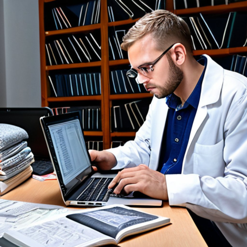 **Textile Engineer Studying:** A focused textile engineer surrounded by textbooks, notes, and a laptop displaying textile industry data. Emphasis on concentration and the modern tools used for learning and analysis.