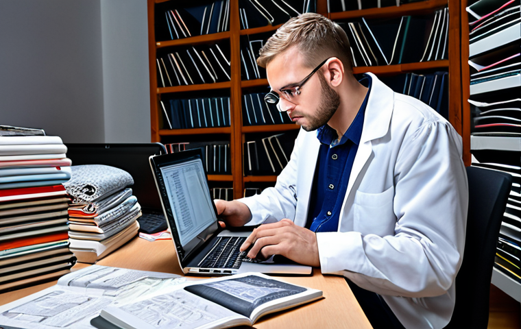 **Textile Engineer Studying:** A focused textile engineer surrounded by textbooks, notes, and a laptop displaying textile industry data. Emphasis on concentration and the modern tools used for learning and analysis.