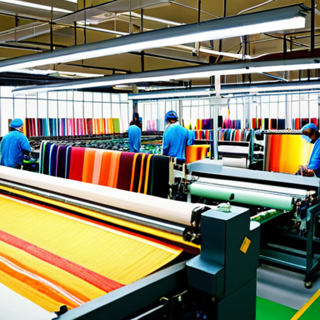 **

A textile factory interior with modern weaving machinery, showcasing a diverse range of colorful fabric designs being produced. Include several workers overseeing the quality control process, inspecting fabric samples under bright lights. The overall impression should be a busy and innovative textile production environment.

**