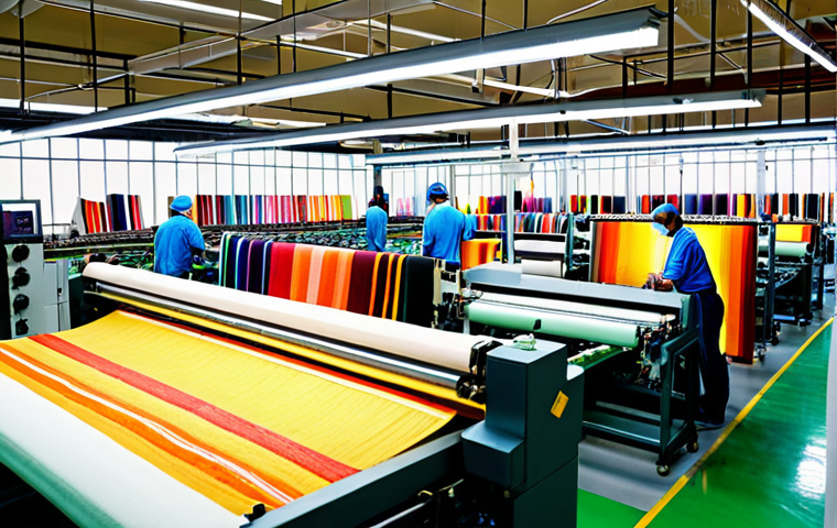**
A textile factory interior with modern weaving machinery, showcasing a diverse range of colorful fabric designs being produced. Include several workers overseeing the quality control process, inspecting fabric samples under bright lights. The overall impression should be a busy and innovative textile production environment.
**