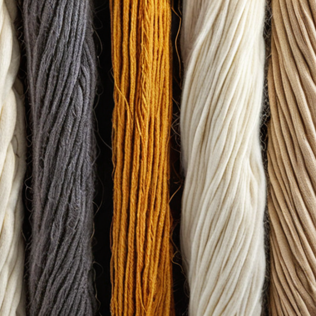 ** A close-up shot showcasing various textile fibers (cotton, linen, wool, silk, polyester, nylon, acrylic) with labels indicating their origin and key properties. The background could feature historical depictions of fiber processing.

**