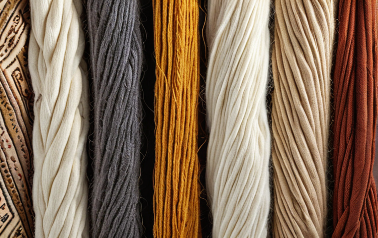 ** A close-up shot showcasing various textile fibers (cotton, linen, wool, silk, polyester, nylon, acrylic) with labels indicating their origin and key properties. The background could feature historical depictions of fiber processing.

**