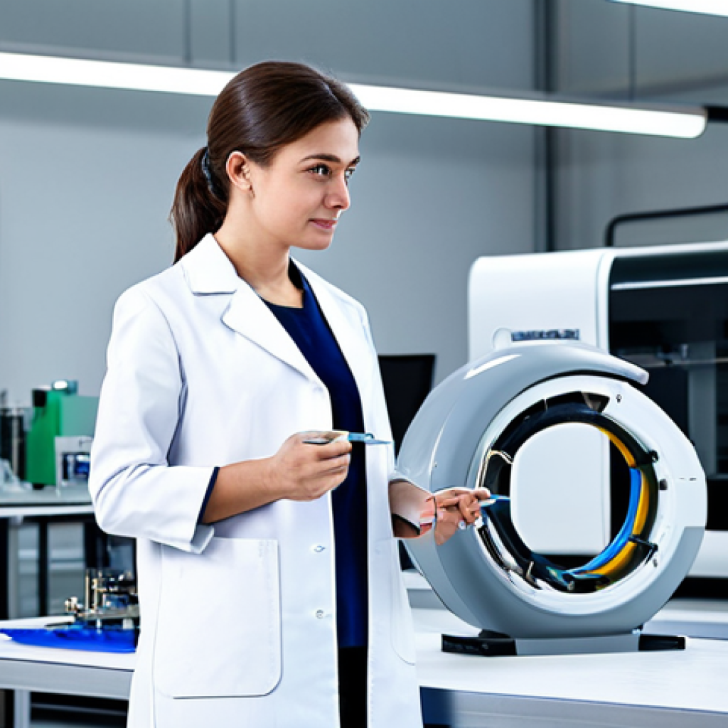 A professional female textile engineer in a modest, professional lab coat over appropriate business attire, standing in a futuristic textile research laboratory, surrounded by advanced machinery like a 3D fabric printer and robotic testing equipment. The scene highlights innovation, high-tech processes, and the development of new materials. fully clothed, appropriate attire, professional dress, safe for work, appropriate content, modest, perfect anatomy, correct proportions, natural pose, well-formed hands, proper finger count, natural body proportions, professional studio photography, ultra-detailed, high-quality image.