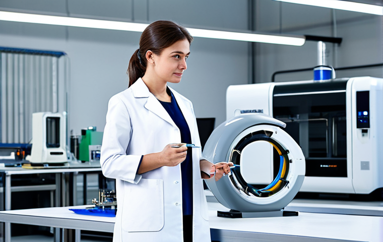 A professional female textile engineer in a modest, professional lab coat over appropriate business attire, standing in a futuristic textile research laboratory, surrounded by advanced machinery like a 3D fabric printer and robotic testing equipment. The scene highlights innovation, high-tech processes, and the development of new materials. fully clothed, appropriate attire, professional dress, safe for work, appropriate content, modest, perfect anatomy, correct proportions, natural pose, well-formed hands, proper finger count, natural body proportions, professional studio photography, ultra-detailed, high-quality image.