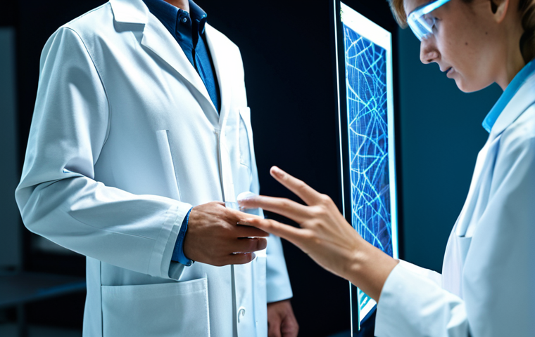 A professional textile engineer, fully clothed in a modern lab coat over professional attire, meticulously examining a glowing, interactive smart fabric prototype in a futuristic research laboratory. The fabric shows subtle integrated electronic components and a faint data visualization. The background features advanced textile machinery and digital displays. The engineer's hands are precisely positioned, showcasing well-formed hands and proper finger count. Perfect anatomy, correct proportions, natural pose, modest clothing, appropriate attire, professional dress, safe for work, appropriate content, family-friendly, high quality, crisp details, scientific photography.
