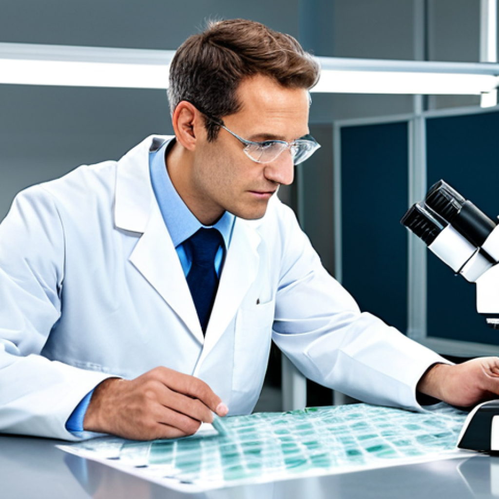 A dedicated professional textile engineer in a clean, professional lab coat over appropriate, modest clothing, thoughtfully examining a futuristic fabric sample under a magnifying glass in a state-of-the-art research laboratory. The lab is well-lit with advanced scientific equipment, microscopes, and rolls of innovative bio-degradable polymer and smart textile samples. safe for work, appropriate content, fully clothed, professional, perfect anatomy, correct proportions, natural pose, well-formed hands, proper finger count, natural body proportions, professional photography, high detail, realistic, high quality, studio lighting.