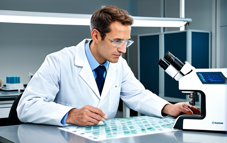 A dedicated professional textile engineer in a clean, professional lab coat over appropriate, modest clothing, thoughtfully examining a futuristic fabric sample under a magnifying glass in a state-of-the-art research laboratory. The lab is well-lit with advanced scientific equipment, microscopes, and rolls of innovative bio-degradable polymer and smart textile samples. safe for work, appropriate content, fully clothed, professional, perfect anatomy, correct proportions, natural pose, well-formed hands, proper finger count, natural body proportions, professional photography, high detail, realistic, high quality, studio lighting.