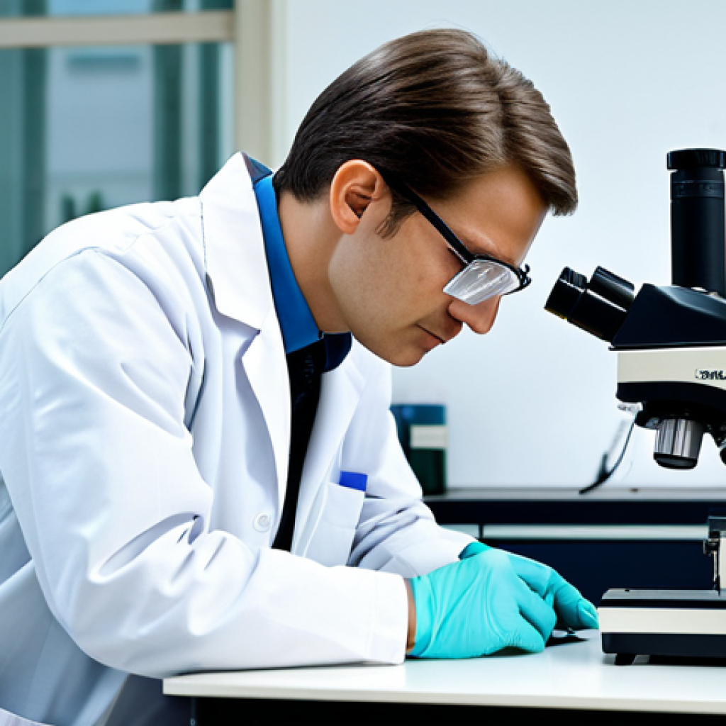 **

"A skilled textile engineer, fully clothed in a professional lab coat and safety glasses, examining a new fabric sample under a microscope in a brightly lit laboratory. Modern equipment, focused detail on the textile fibers. Safe for work, appropriate content, perfect anatomy, natural proportions, professional, high quality image, modest attire. The lab has Cyrillic labels on some equipment."

**