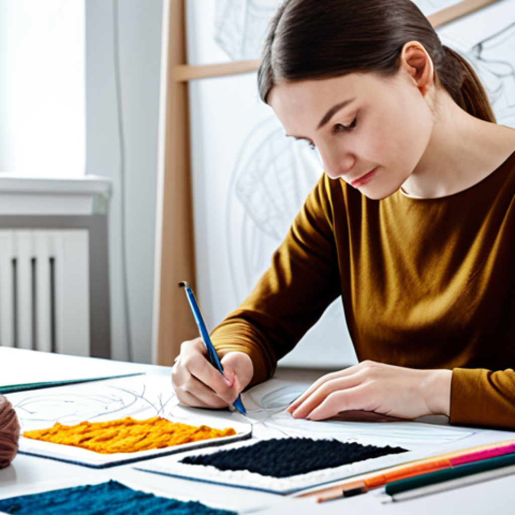 Textile Designer at Work**

"A professional textile designer, fully clothed in a stylish, modest dress, working on a design at a brightly lit desk in a modern studio in Moscow.  Yarn samples, fabric swatches, and design sketches are scattered around.  Safe for work, appropriate content, perfect anatomy, natural pose, professional, high quality, well-formed hands, proper finger count."

**
