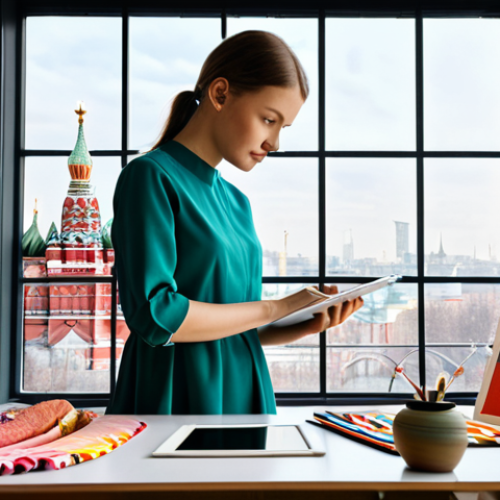 Home 29 Modern Textile Design Studio**
A bright and airy textile design studio in Moscow. A young woman, fully clothed in a stylish, modest dress, is working on a digital design tablet, surrounded by colorful fabric samples and mood boards. Large windows offer a view of the city skyline. Safe for work, appropriate content, professional setting, perfect anatomy, natural proportions, high quality, modern design, fully clothed.
**