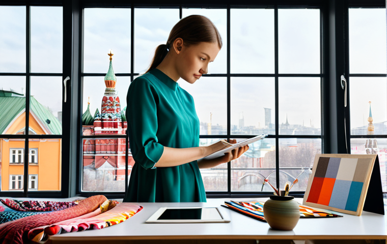 Modern Textile Design Studio**
A bright and airy textile design studio in Moscow. A young woman, fully clothed in a stylish, modest dress, is working on a digital design tablet, surrounded by colorful fabric samples and mood boards. Large windows offer a view of the city skyline. Safe for work, appropriate content, professional setting, perfect anatomy, natural proportions, high quality, modern design, fully clothed.
**