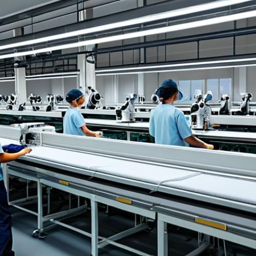 Home 28 ** A modern textile factory interior, showcasing automated sewing machines and robotic arms assembling clothing. Focus on the machinery and the clean, organized environment. Workers are present, wearing appropriate safety gear and monitoring the equipment. Safe for work, appropriate content, fully clothed, professional, realistic rendering, high quality.
**