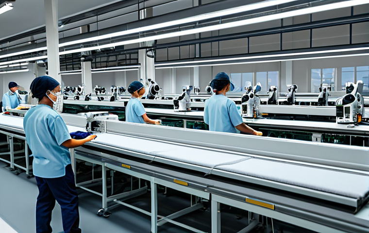 ** A modern textile factory interior, showcasing automated sewing machines and robotic arms assembling clothing. Focus on the machinery and the clean, organized environment.  Workers are present, wearing appropriate safety gear and monitoring the equipment. Safe for work, appropriate content, fully clothed, professional, realistic rendering, high quality.

**