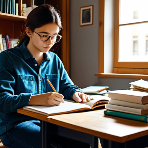Home 14 Study Scene**
A student in a cozy room filled with textbooks and notes, preparing for a textile engineering exam, fully clothed in casual wear, appropriate content, safe for work, perfect anatomy, natural proportions, focused and diligent, warm lighting, professional quality, family-friendly.
**