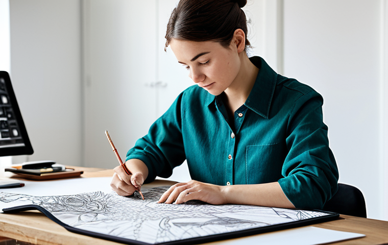 Textile Designer at Work**

A professional female textile designer in a well-lit studio, fully clothed in stylish, modest attire, sketching fabric designs with various swatches and digital design tools on her desk, appropriate content, safe for work, perfect anatomy, correct proportions, professional environment, high quality.

**