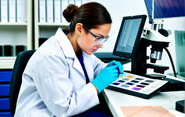 섬유기사와 실기시험 준비 사례 - **Prompt:** A professional female textile engineer, fully clothed in a lab coat and safety glasses, ...