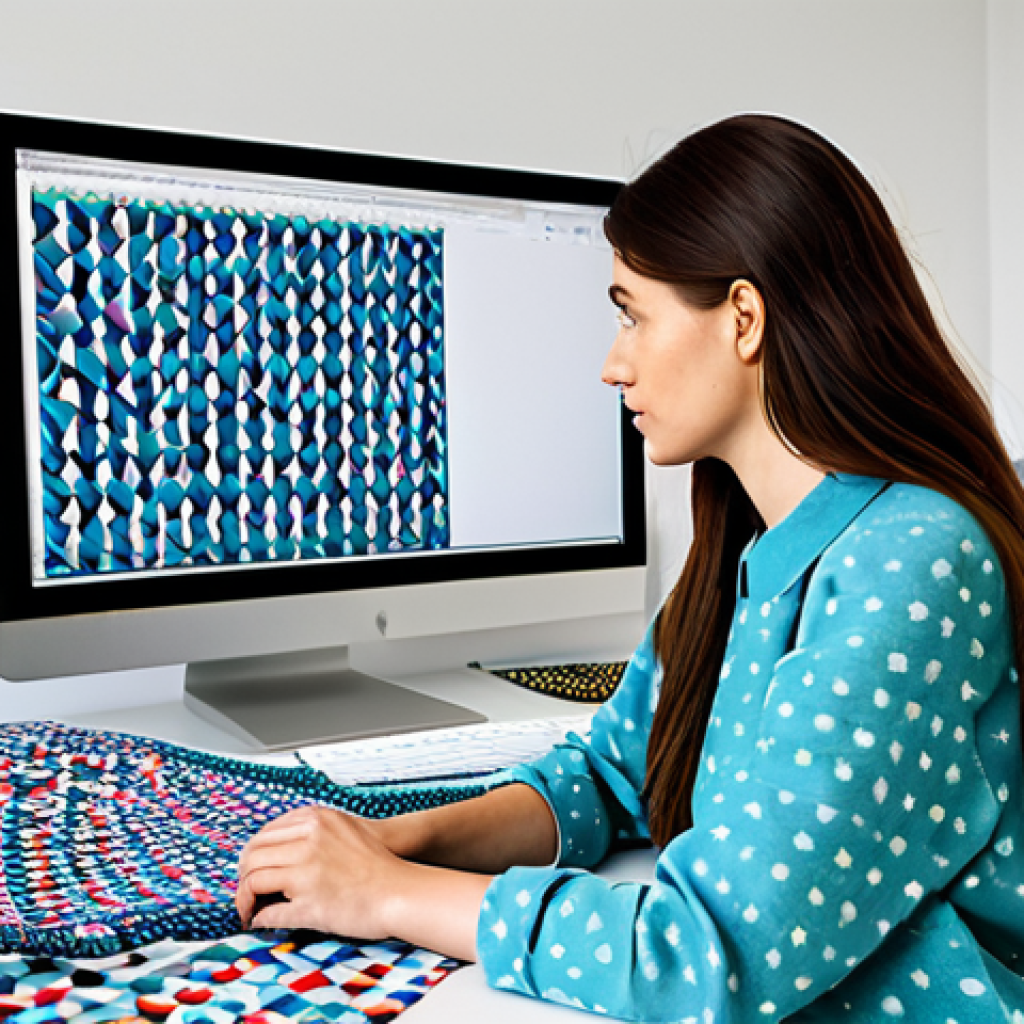 섬유기사와 관련 직업군의 특징 - **Textile Designer:** "A textile designer in a bright, modern studio, working on a digital pattern d...