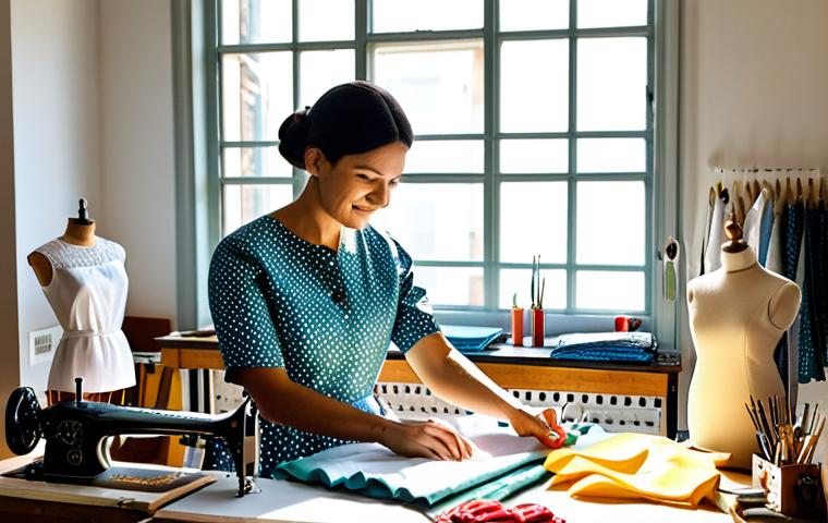 섬유기사 실기시험 대비 방법 - **Prompt:** A skilled seamstress in a bright, organized atelier, meticulously working on a fully clo...