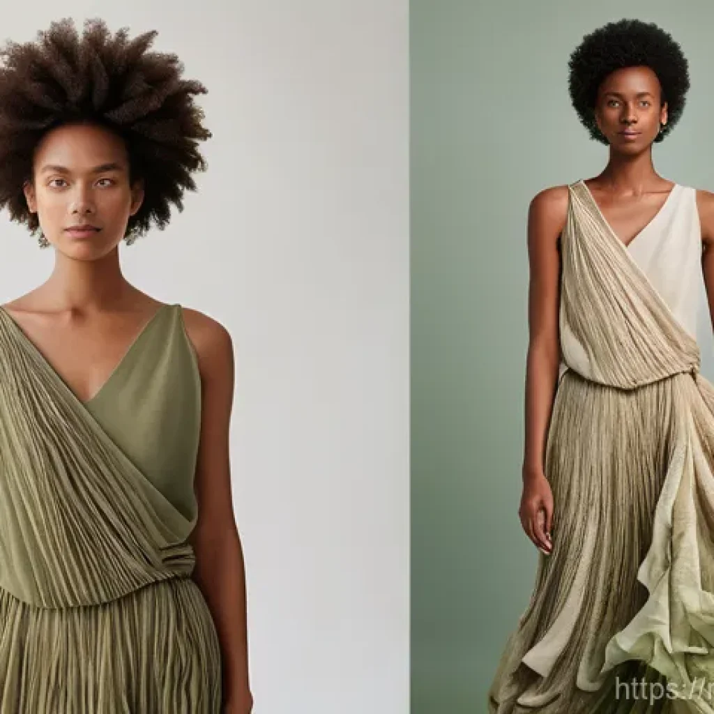 섬유기사와 관련 직업군의 전망 - **Prompt:** A female model wearing a high-fashion, sustainable dress that appears to be made from a ...