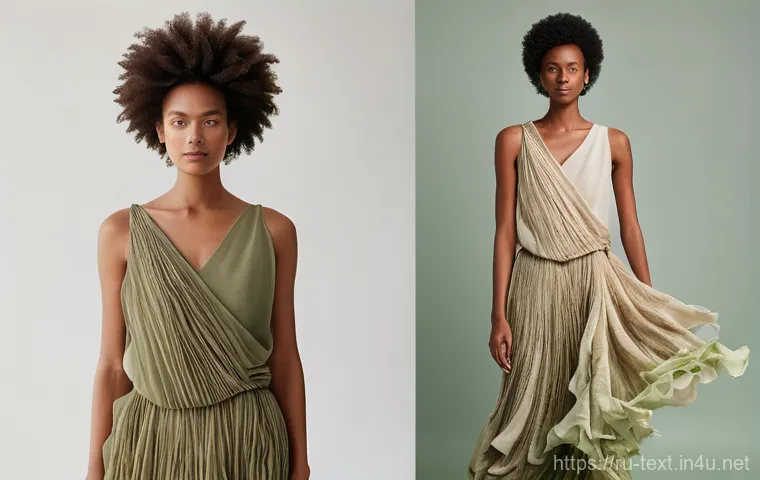 섬유기사와 관련 직업군의 전망 - **Prompt:** A female model wearing a high-fashion, sustainable dress that appears to be made from a ...