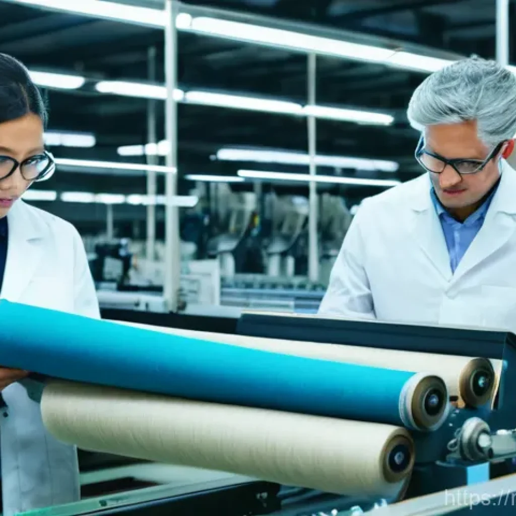 섬유기사와 섬유 품질 검사 - A modern, brightly lit textile factory interior. In the foreground, a diverse team of male and femal...
