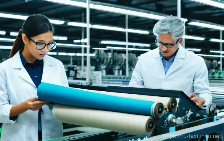 섬유기사와 섬유 품질 검사 - A modern, brightly lit textile factory interior. In the foreground, a diverse team of male and femal...