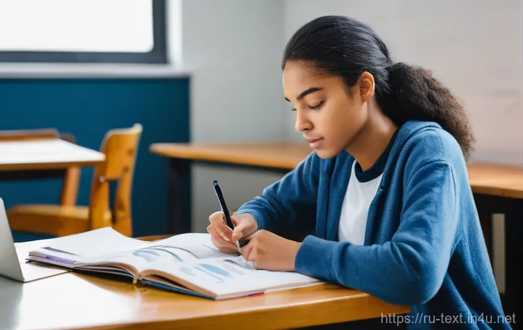 섬유기사 시험 준비 체크리스트 - **Prompt: Focused Study Planning**
A diverse young adult student, possibly a woman with neat, pu...