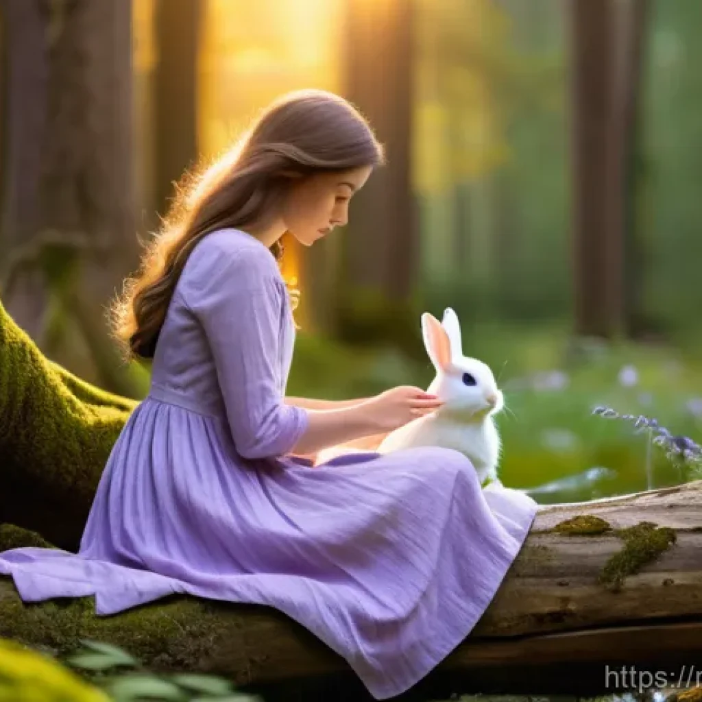 섬유기사와 시험 준비의 전략 - A whimsical forest scene at sunset. A young woman with long, flowing brown hair, wearing a modest, k...