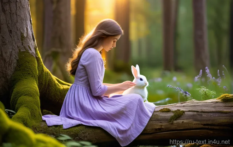 섬유기사와 시험 준비의 전략 - A whimsical forest scene at sunset. A young woman with long, flowing brown hair, wearing a modest, k...