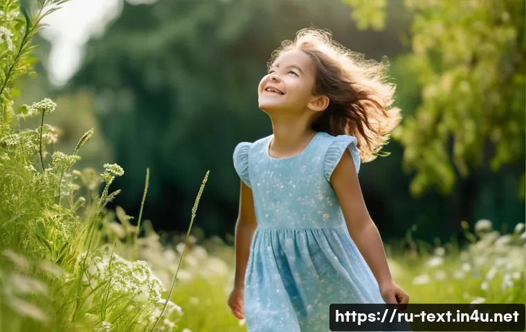 섬유기사 필기시험의 핵심 개념 - **Prompt:** A young girl, about 8 years old, wearing a light, breathable sundress made of a linen-co...