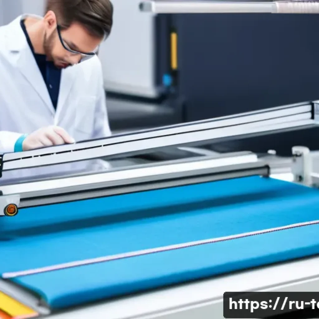 섬유기사 필수 실험 장비 - A high-tech textile testing laboratory scene showing a modern tensile testing machine stretching a f...
