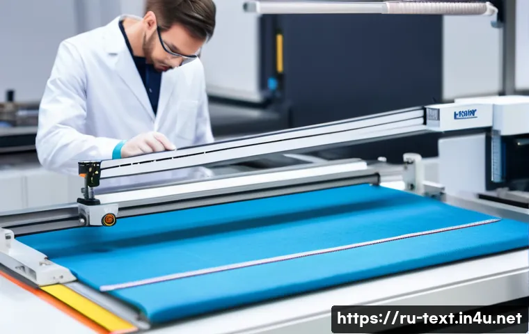 섬유기사 필수 실험 장비 - A high-tech textile testing laboratory scene showing a modern tensile testing machine stretching a f...