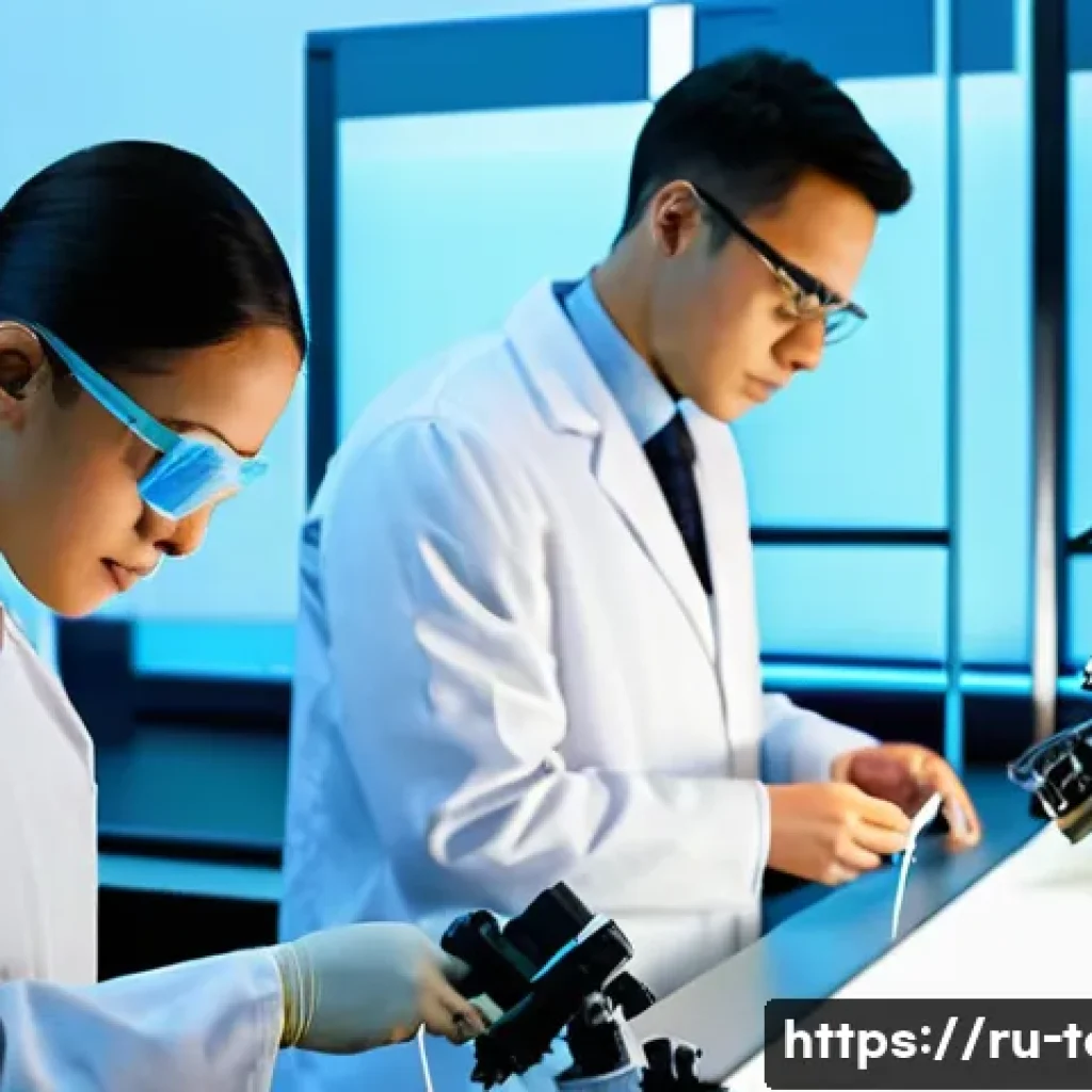 섬유기사 실무 프로젝트 사례 - A high-tech textile laboratory scene showing specialists analyzing various raw materials such as cot...