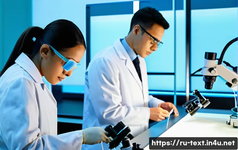 섬유기사 실무 프로젝트 사례 - A high-tech textile laboratory scene showing specialists analyzing various raw materials such as cot...