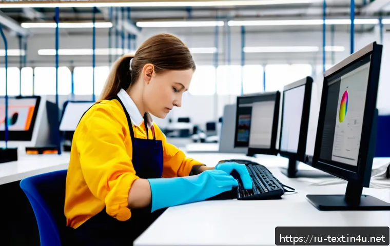 섬유기사 취득 후 경력 개발 - A professional textile specialist in a modern Russian textile factory, wearing clean and practical w...