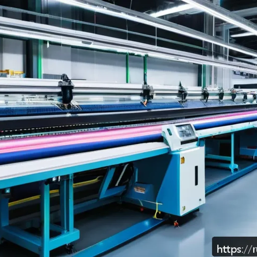 섬유기사 실무자 인터뷰 - A modern textile factory interior showcasing advanced automation technology: robotic arms operating ...