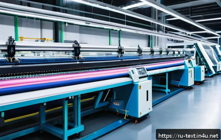 섬유기사 실무자 인터뷰 - A modern textile factory interior showcasing advanced automation technology: robotic arms operating ...