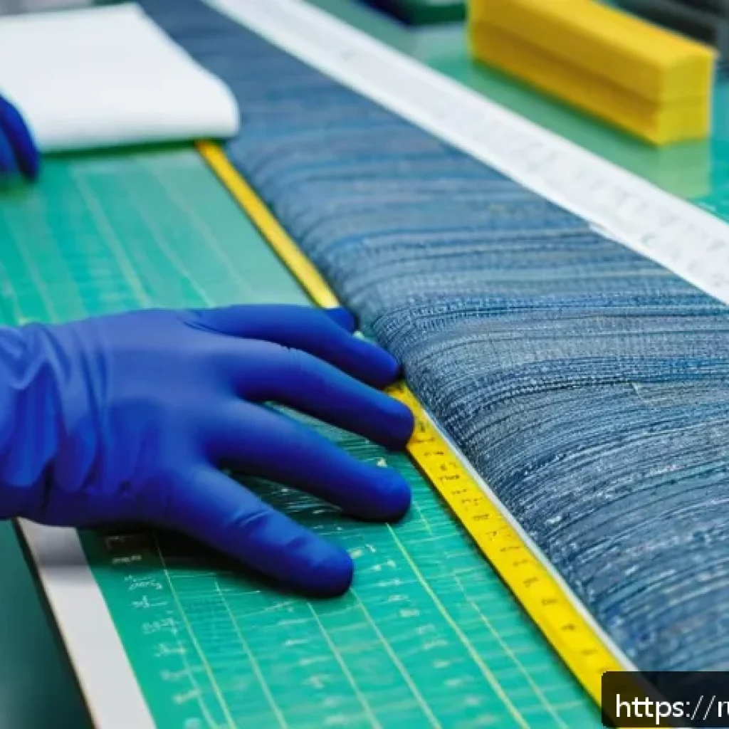 섬유기사 실기시험 예상문제 - A detailed close-up of a textile quality control laboratory, featuring a technician wearing protecti...