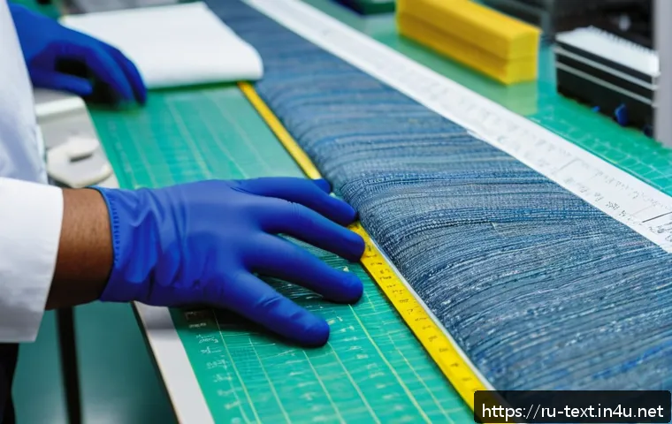 섬유기사 실기시험 예상문제 - A detailed close-up of a textile quality control laboratory, featuring a technician wearing protecti...