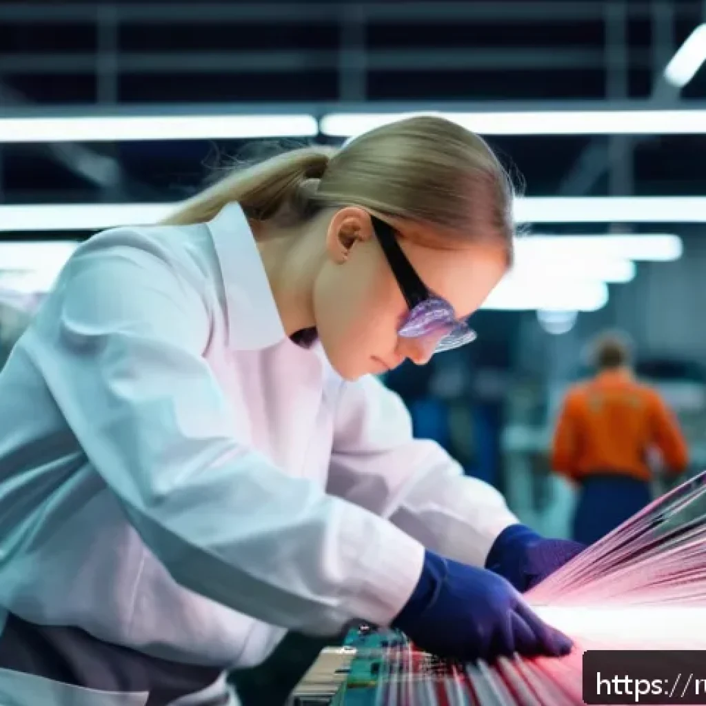 섬유기사 독학 가능성 - A focused young Russian textile technician in a modern factory setting, wearing protective workwear ...
