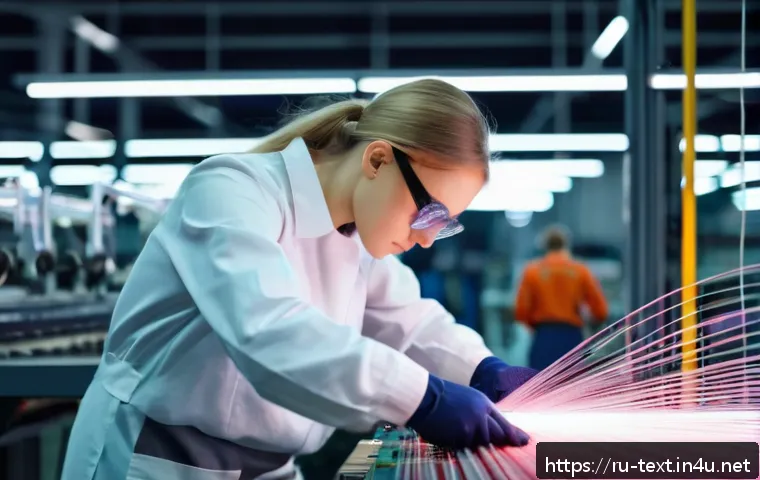 섬유기사 독학 가능성 - A focused young Russian textile technician in a modern factory setting, wearing protective workwear ...