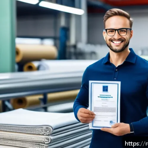 섬유기사 자격증 취득 후 직업 만족도 - A confident textile professional proudly holding a certification document in a modern textile factor...