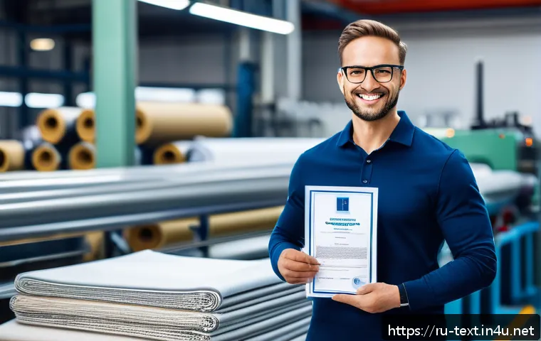 섬유기사 자격증 취득 후 직업 만족도 - A confident textile professional proudly holding a certification document in a modern textile factor...