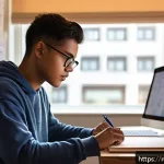 섬유기사 시험 출제 유형 분석 - A focused student sitting at a wooden desk in a cozy study room with natural daylight coming through...