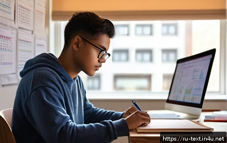 섬유기사 시험 출제 유형 분석 - A focused student sitting at a wooden desk in a cozy study room with natural daylight coming through...