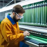 섬유기사 실기 시험의 어려운 점 - A highly detailed scene inside a modern textile factory workshop in Russia, showing a skilled young ...