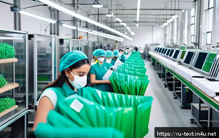 섬유기사 자격증과 관련 직업군의 특징 - A modern textile factory interior showcasing sustainable production processes: workers wearing prote...